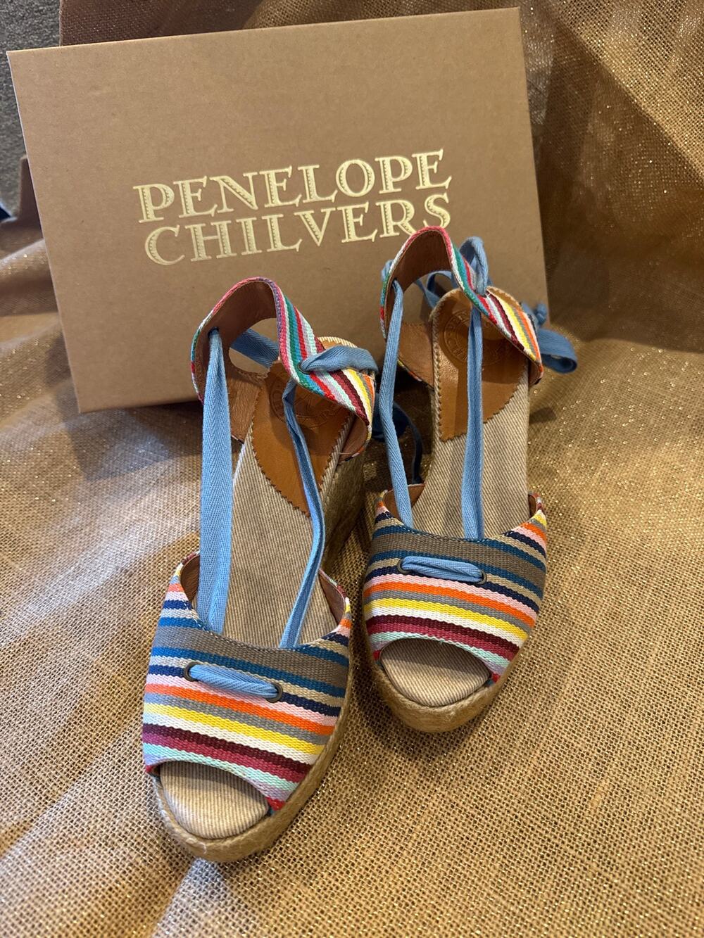 Penelope Chlivers Striped Wedge/Espadrille Size 38 (7-7.5). Ankle Tie